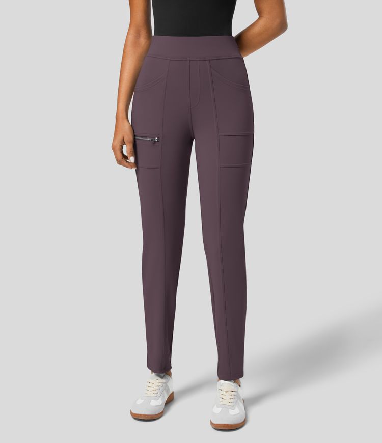 High Waisted Pockets Zipper Casual Slim Trousers