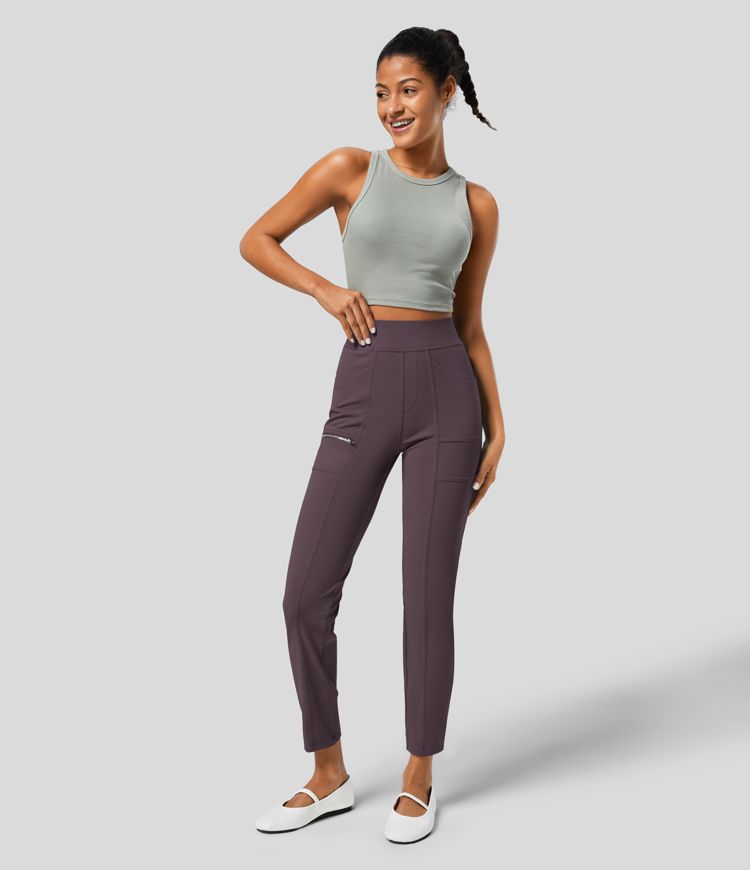 High Waisted Pockets Zipper Casual Slim Trousers