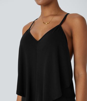 V Neck Backless Tie Back Ruched Maxi Resort Slip Dress