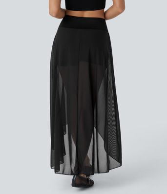 High Waisted High Low Ruffle 2-in-1 Pocket Flare Mesh Casual Regular Maxi Skirt