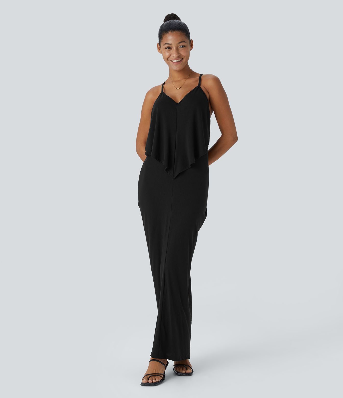 V Neck Backless Tie Back Ruched Maxi Resort Slip Dress