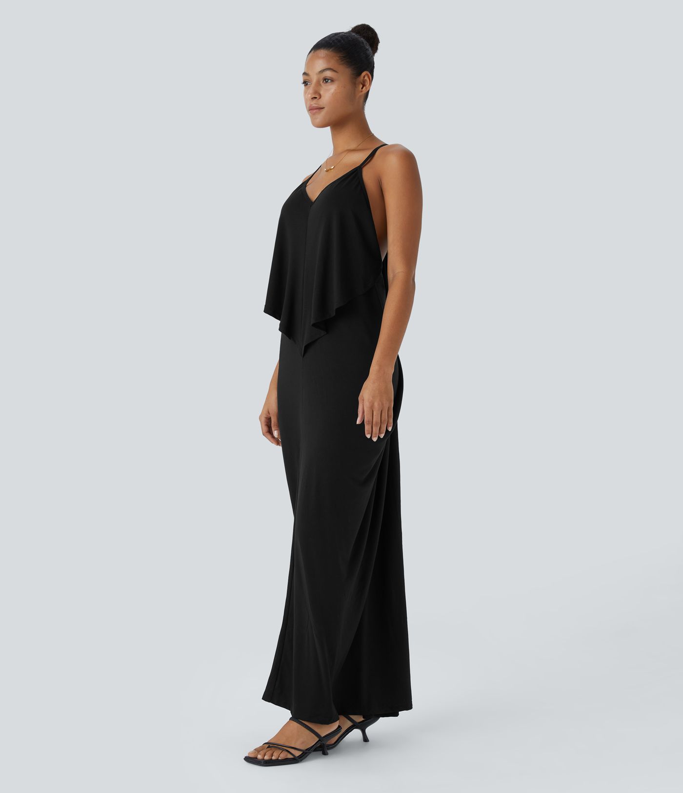 V Neck Backless Tie Back Ruched Maxi Resort Slip Dress