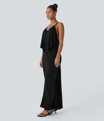 V Neck Backless Tie Back Ruched Maxi Resort Slip Dress