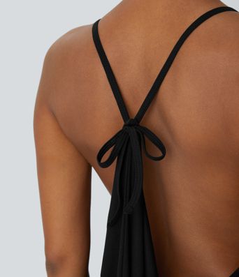 V Neck Backless Tie Back Ruched Maxi Resort Slip Dress