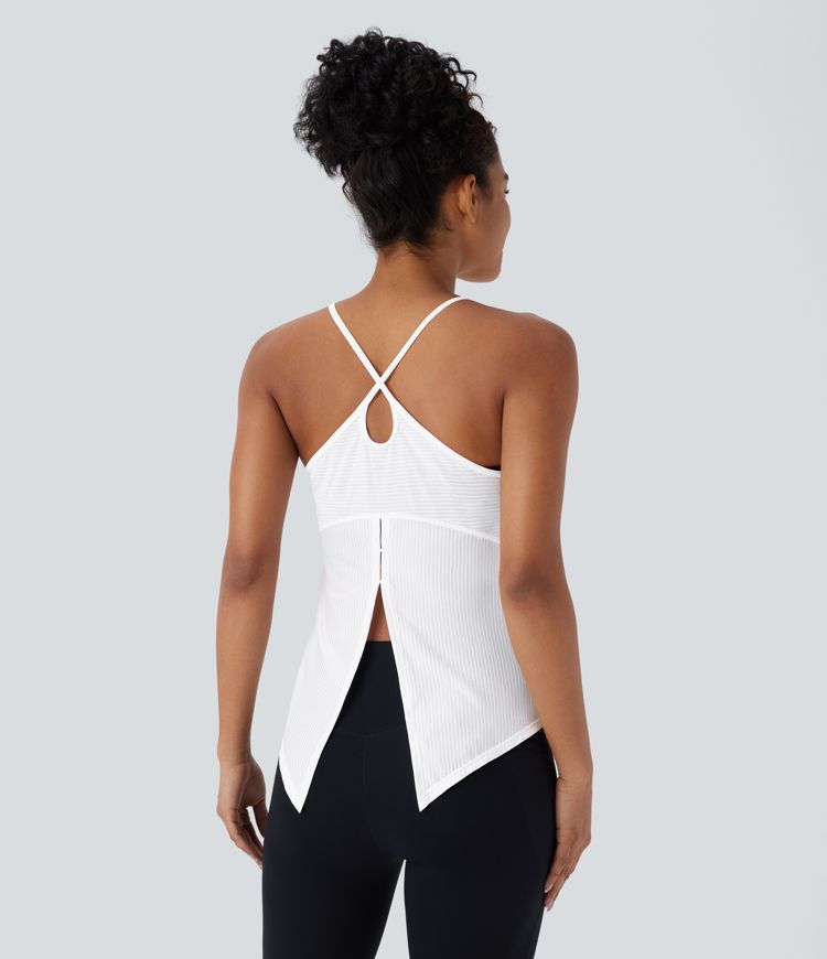 Top yoga secado rápido dobladillo dividido sin espalda entrecruzada