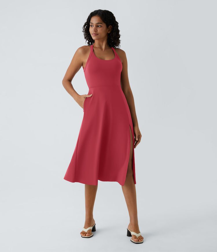 Backless Cut Out Twisted Side Pocket Split Midi Casual Dress