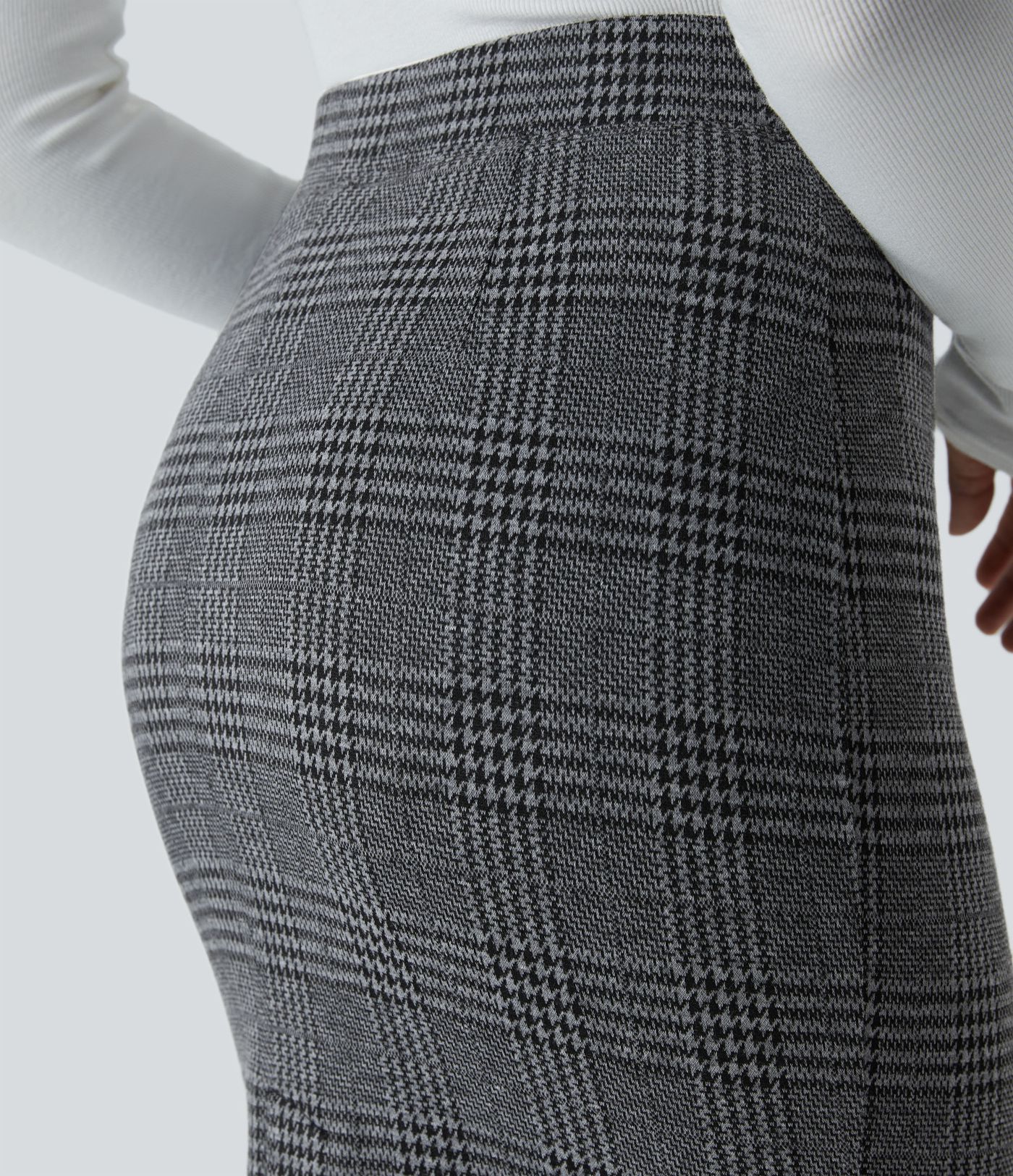 High Waisted Hem Houndstooth Plaid Work Pencil Skirt