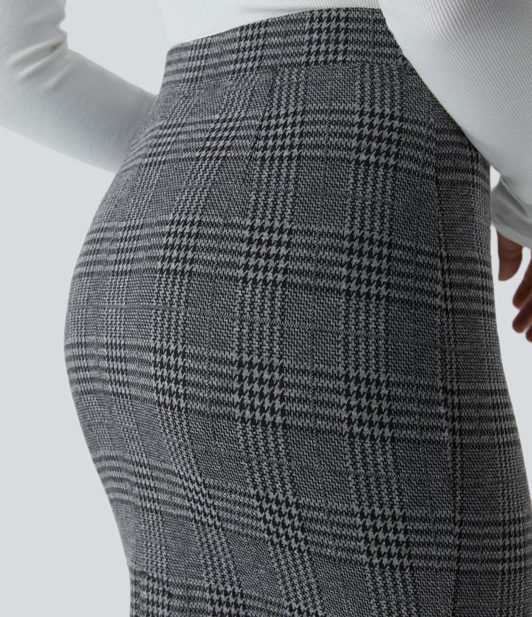 High Waisted Hem Houndstooth Plaid Work Pencil Skirt
