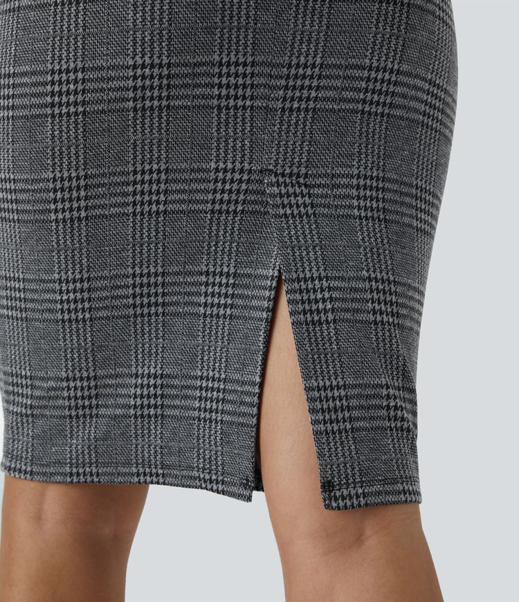 High Waisted Hem Houndstooth Plaid Work Pencil Skirt