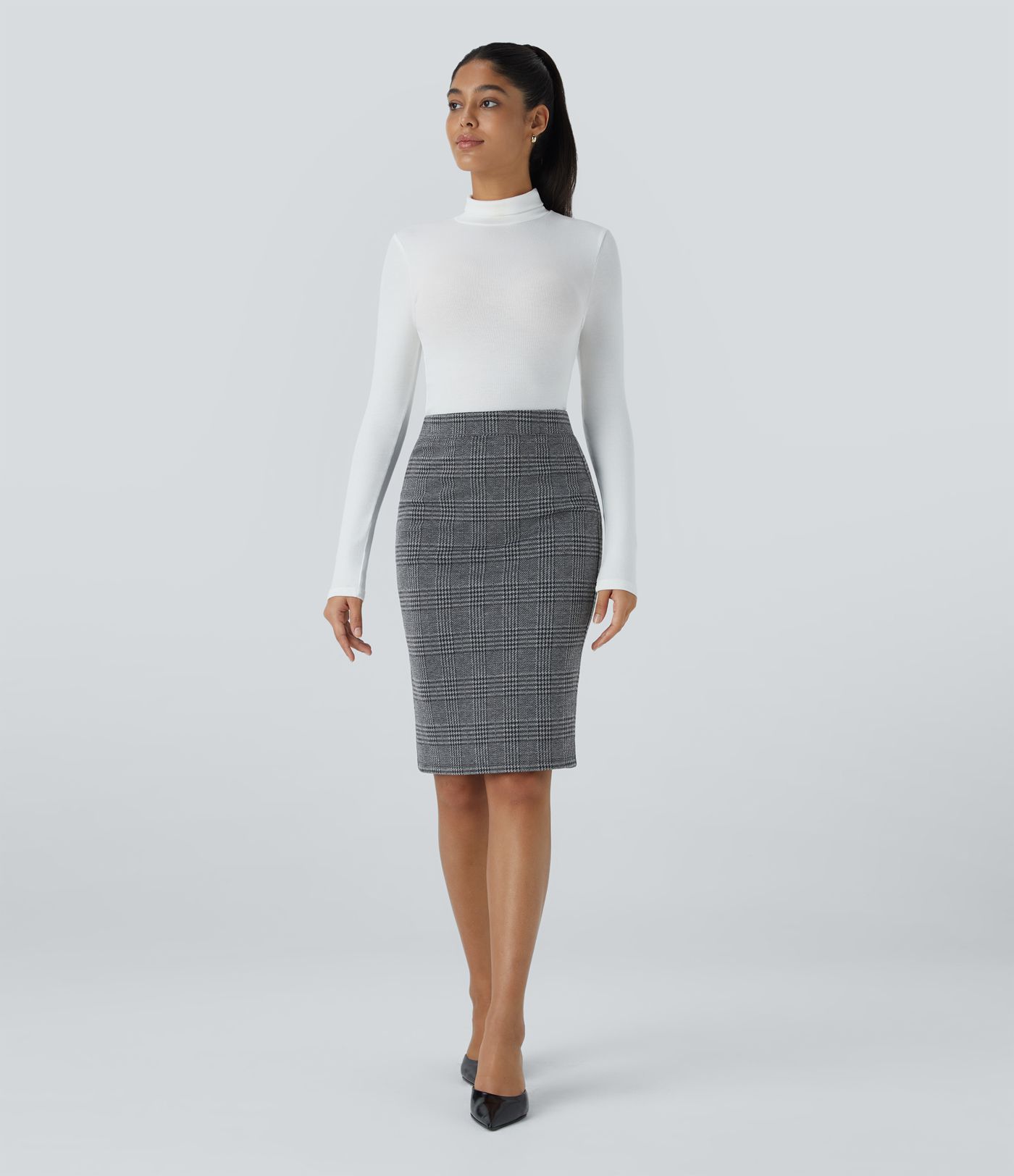 High Waisted Hem Houndstooth Plaid Work Pencil Skirt