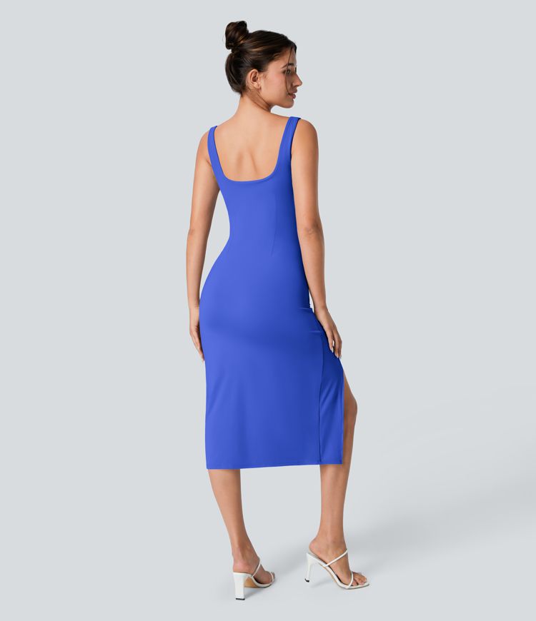 Softlyzero™ Airy Square Neck Backless Corset Ruched Split Bodycon Midi  Bridesmaid and Wedding Guest Dress