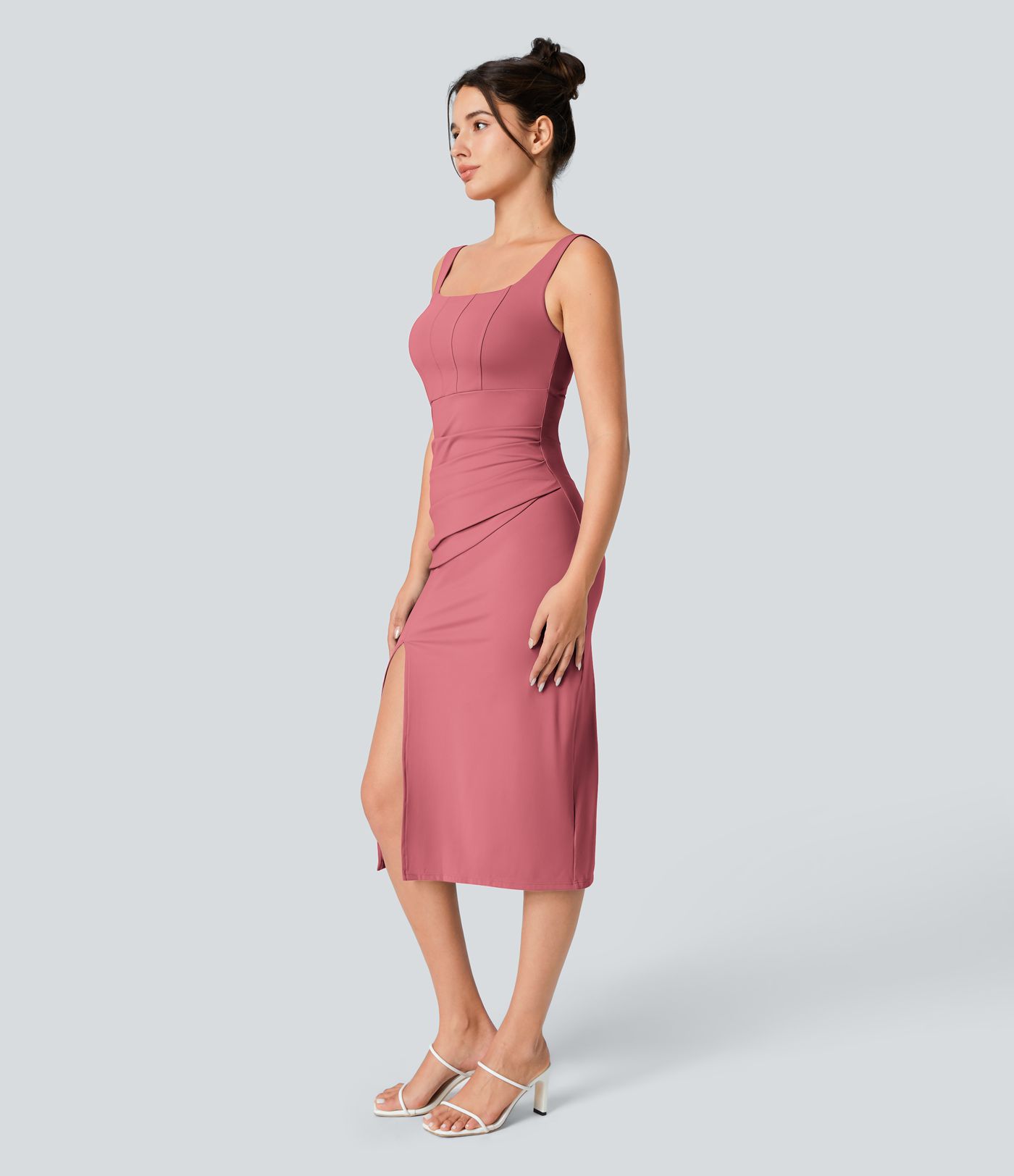 Softlyzero™ Airy Square Neck Backless Corset Ruched Split Bodycon Midi Cool Touch Bridesmaid and Wedding Guest Dress