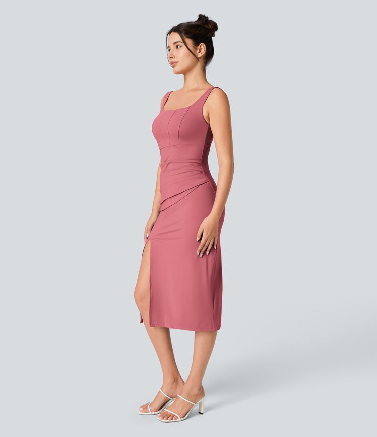 Softlyzero™ Airy Square Neck Backless Corset Ruched Split Bodycon Midi Cool Touch Bridesmaid and Wedding Guest Dress