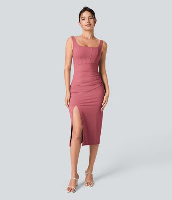 Softlyzero™ Airy Square Neck Backless Corset Ruched Split Bodycon Midi Cool Touch Bridesmaid and Wedding Guest Dress