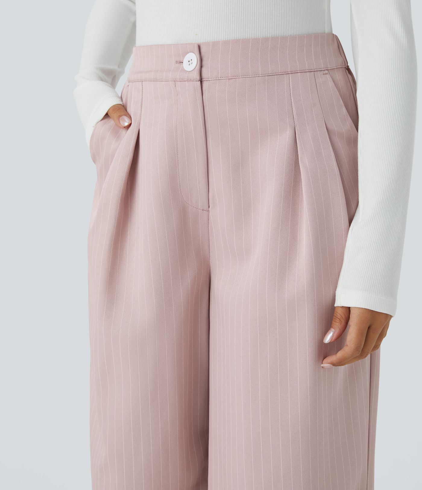 Pantalon Tailleur Large Fluide à Rayures, Taille Haute, Bouton et Fermeture Éclair, Poches Latérales