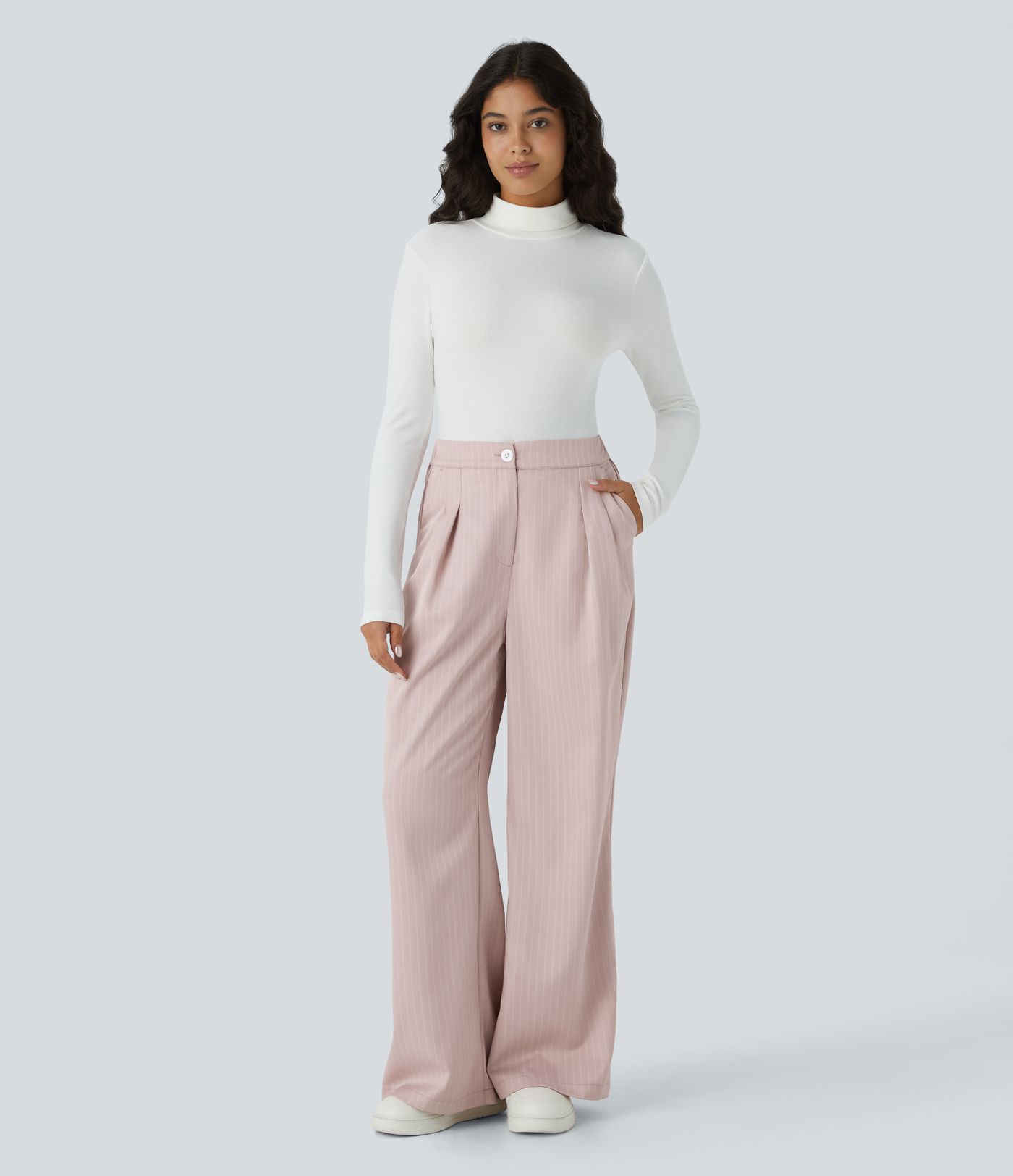 Pantalon Tailleur Large Fluide à Rayures, Taille Haute, Bouton et Fermeture Éclair, Poches Latérales