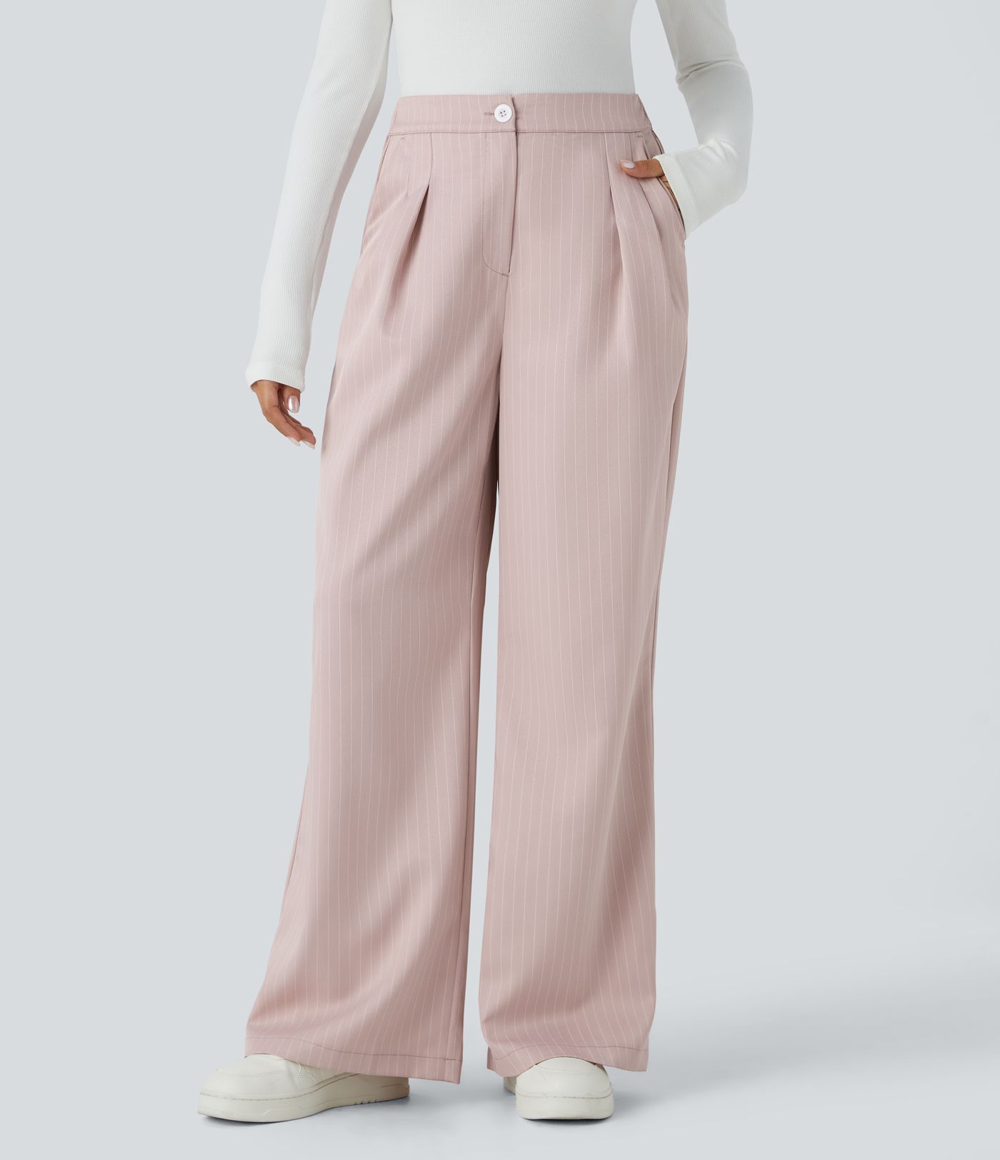 Pantalon Tailleur Large Fluide à Rayures, Taille Haute, Bouton et Fermeture Éclair, Poches Latérales