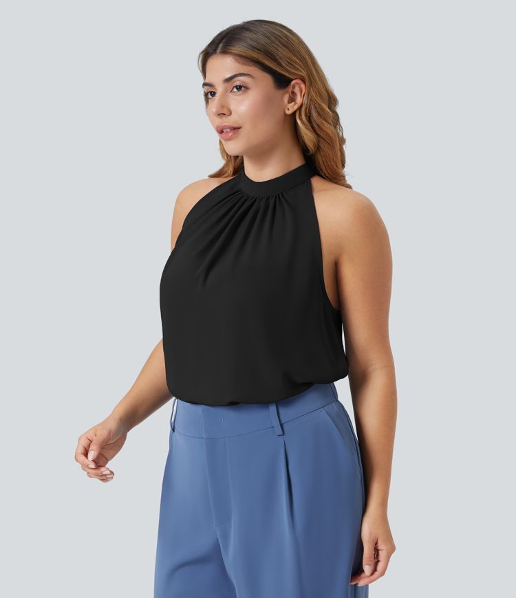 Keyhole Back Halter Sleeveless Curved Hem Work Plus Size Blouse