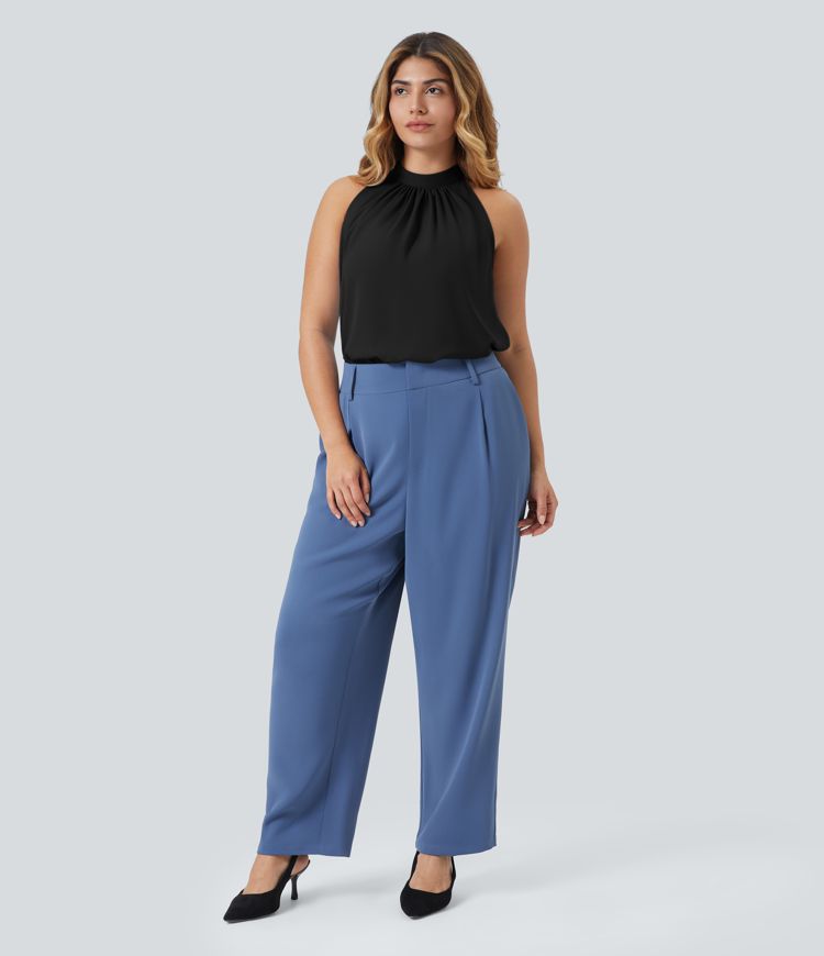 Keyhole Back Halter Sleeveless Curved Hem Work Plus Size Blouse