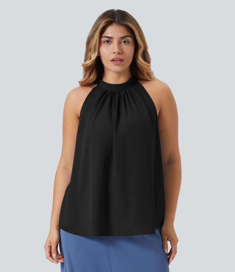 Keyhole Back Halter Sleeveless Curved Hem Work Plus Size Blouse
