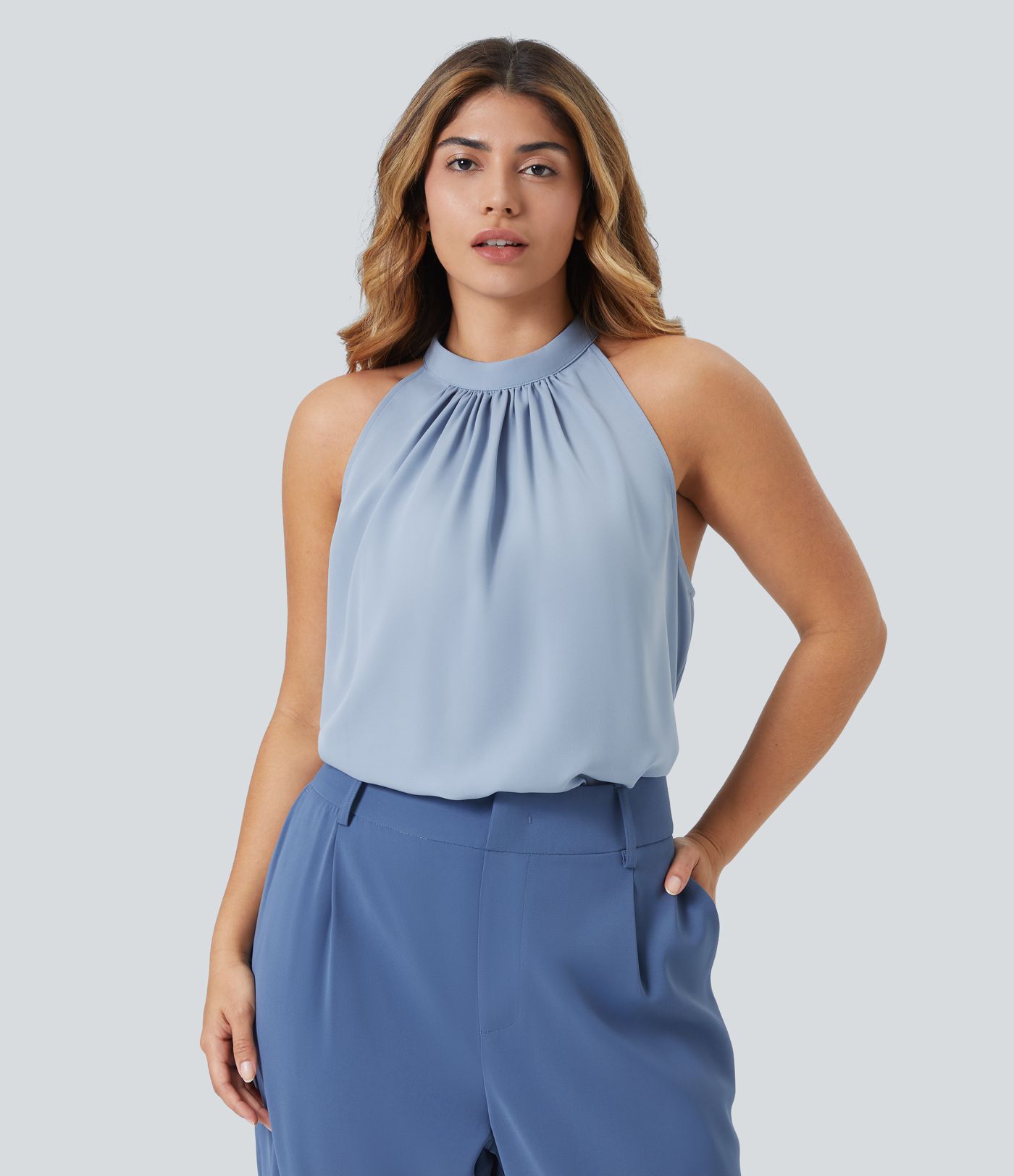 Haut col licou sans manches à ourlet arrondi pour femme, grande taille