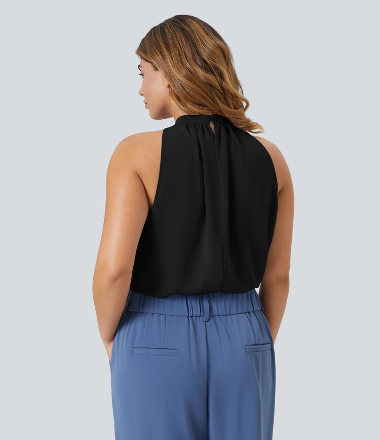 Keyhole Back Halter Sleeveless Curved Hem Work Plus Size Blouse