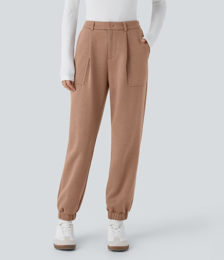 Jogging en polaire taille haute avec poches latérales et fermeture zippée