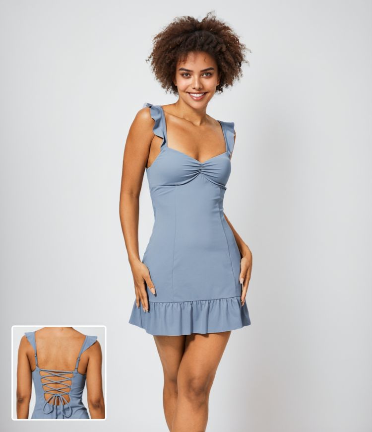 Robe Mini Casual à Dos Nu avec Bretelles Ajustables Fronces Volants Lacets Croisés et Fluide