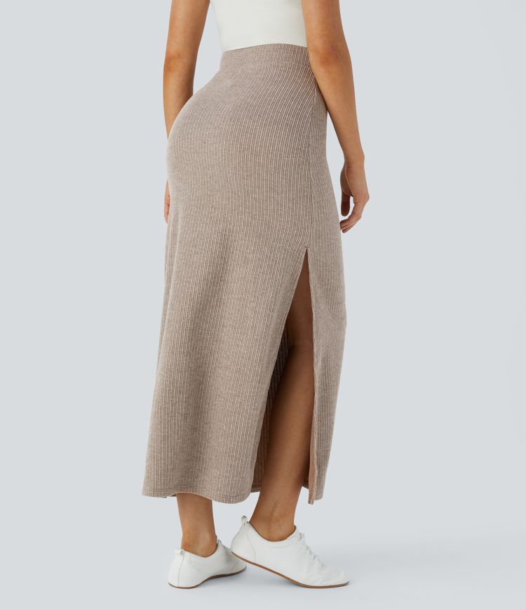 Ribbed High Waisted Split Hem A Line Maxi Casual Skirt