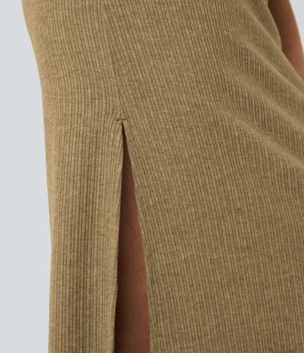 Ribbed High Waisted Hem A Line Maxi Fleece Casual Skirt
