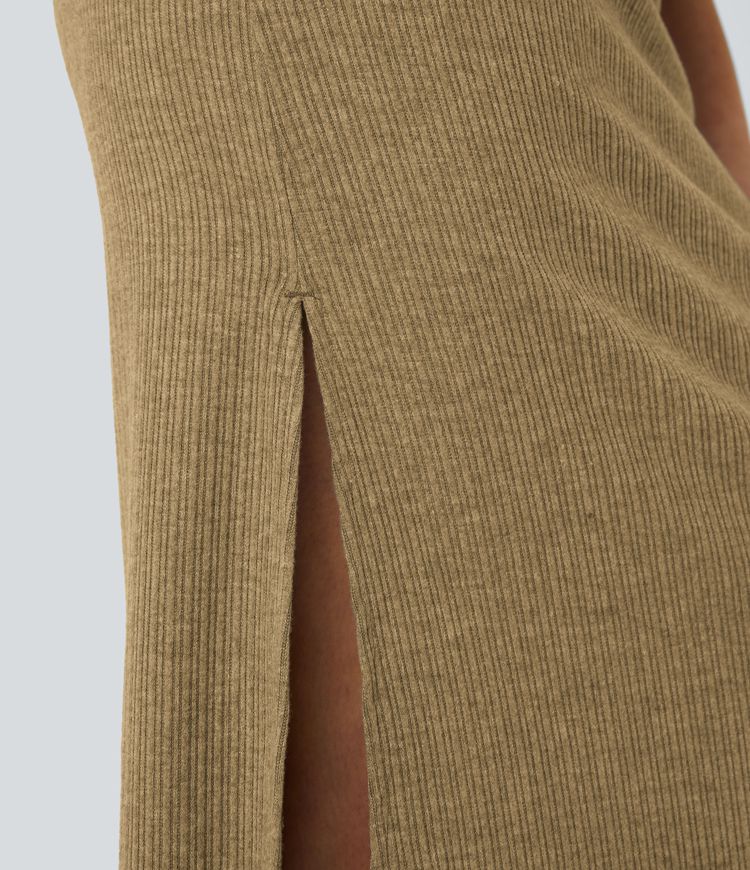 Ribbed High Waisted Hem A Line Maxi Fleece Casual Skirt