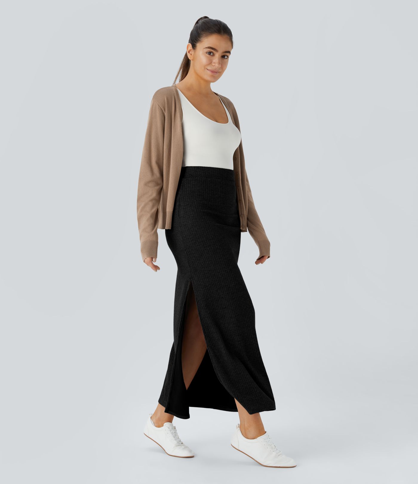 Falda larga acampanada dobladillo dividido tiro alto canalé