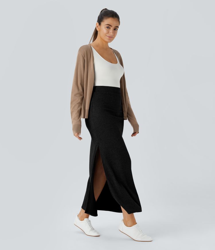 Ribbed High Waisted Hem A Line Maxi Casual Skirt