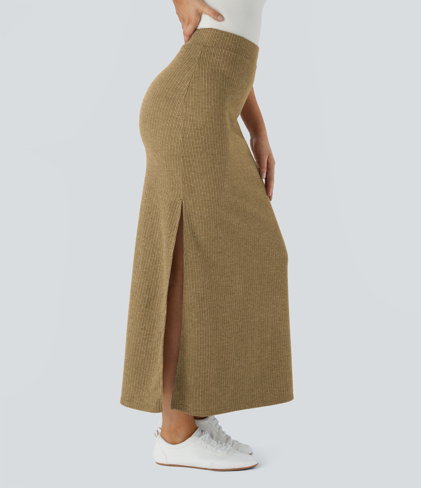 Ribbed High Waisted Hem A Line Maxi Fleece Casual Skirt