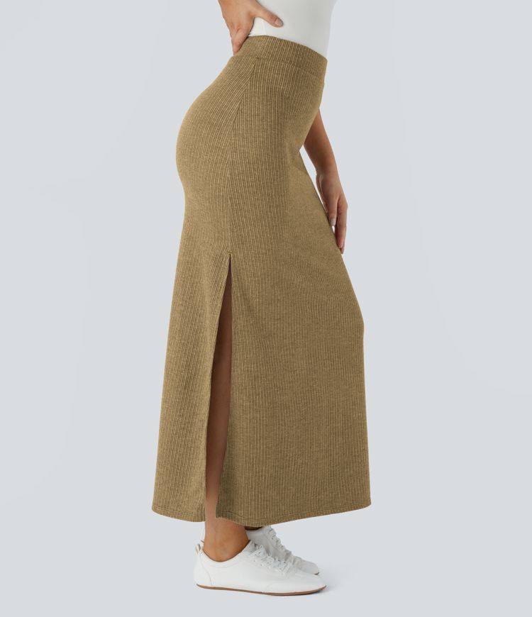 Ribbed High Waisted Hem A Line Maxi Fleece Casual Skirt