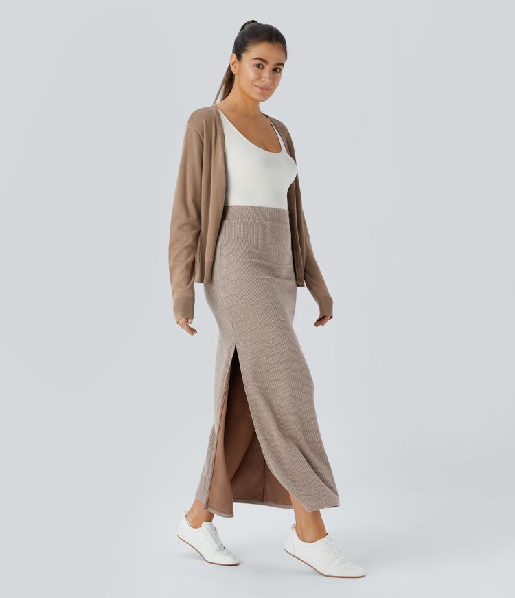 Jupe Casual Maxi à Taille Haute et Ourlet Fendu en A-Line en Côtes