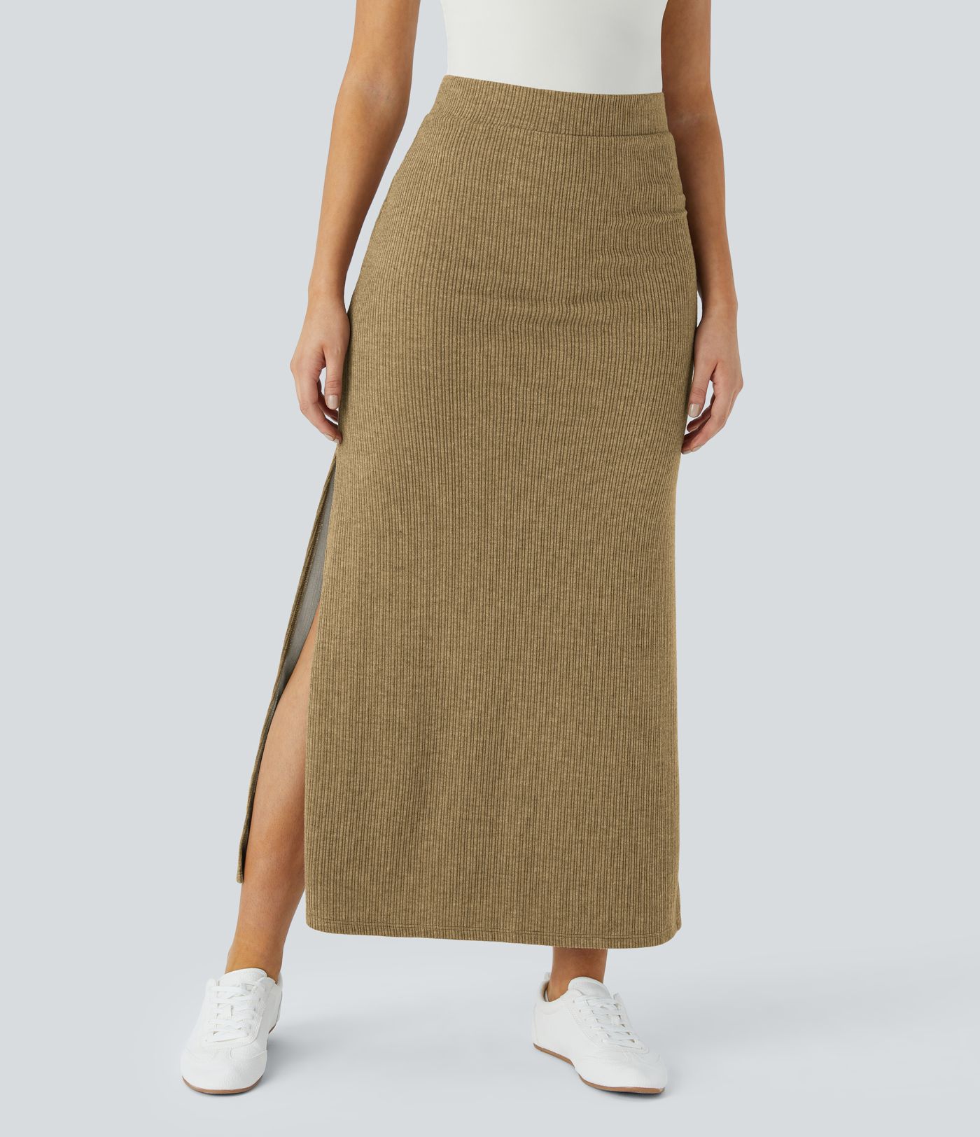 Ribbed High Waisted Hem A Line Maxi Fleece Casual Skirt