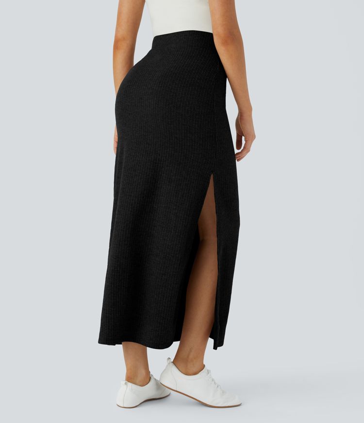 Ribbed High Waisted Split Hem A Line Maxi Casual Skirt