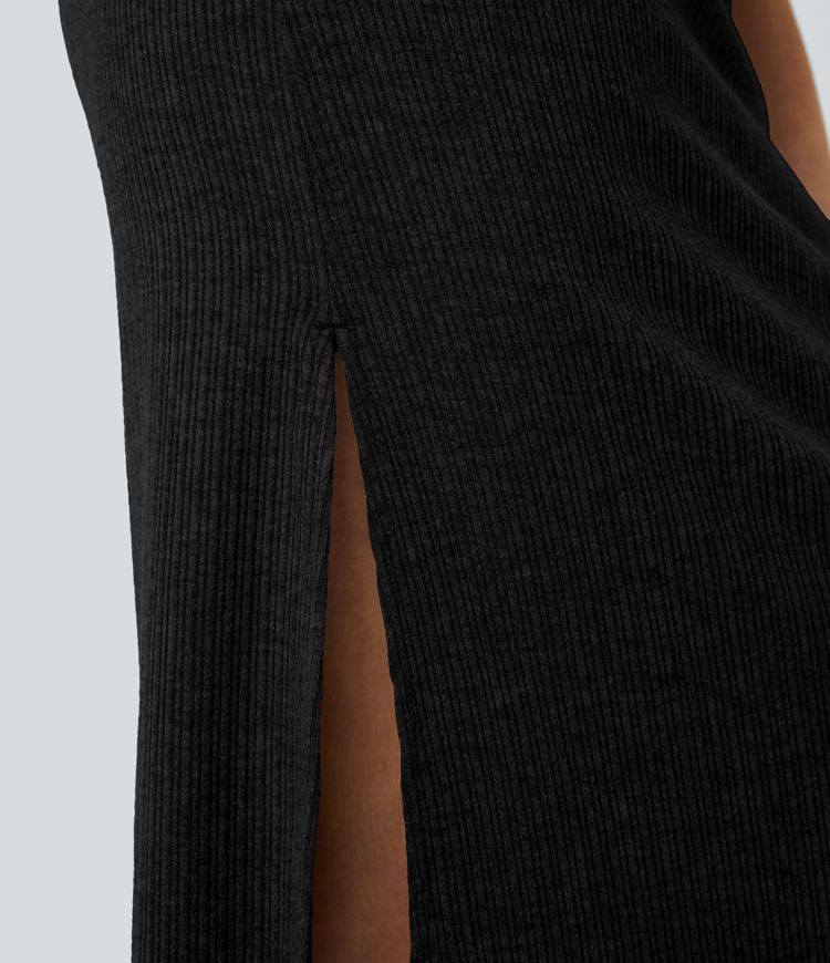 Ribbed High Waisted Hem A Line Maxi Casual Skirt