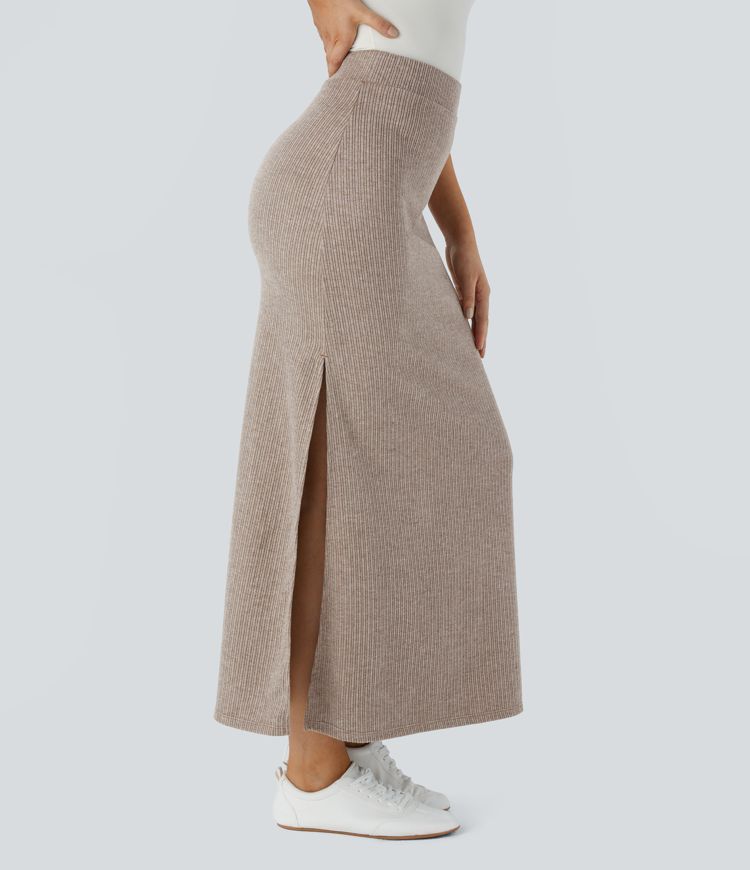 Ribbed High Waisted Split Hem A Line Maxi Casual Skirt