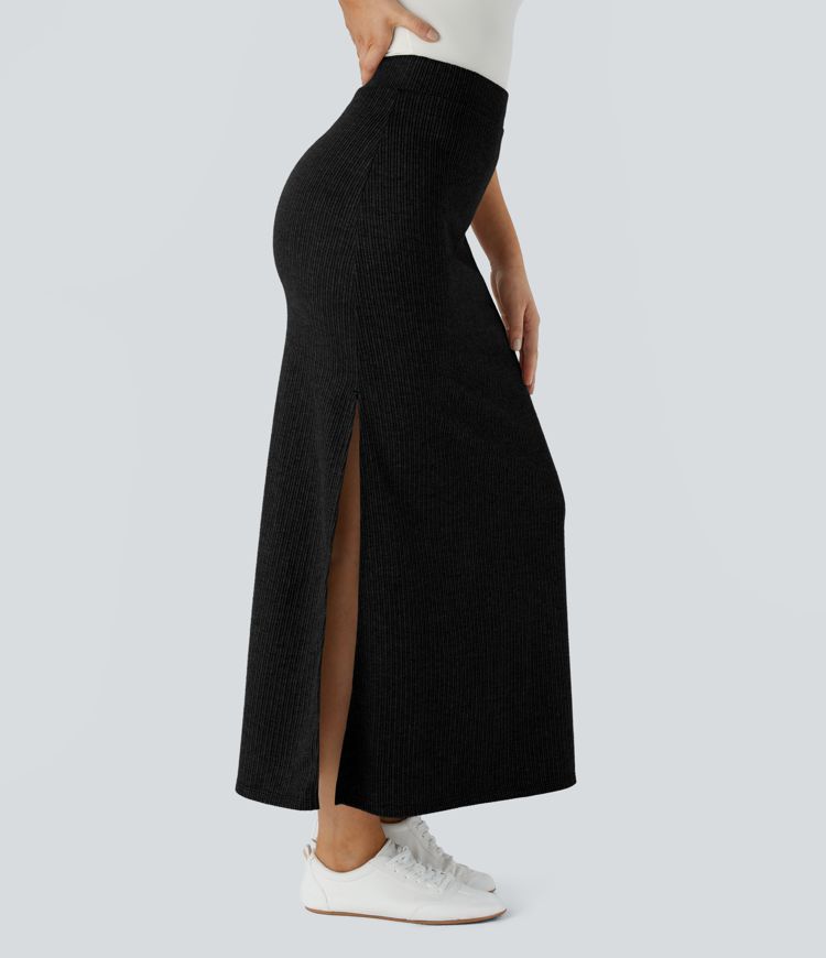 Ribbed High Waisted Split Hem A Line Maxi Casual Skirt