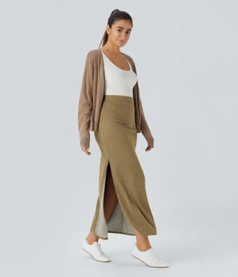 Ribbed High Waisted Hem A Line Maxi Fleece Casual Skirt