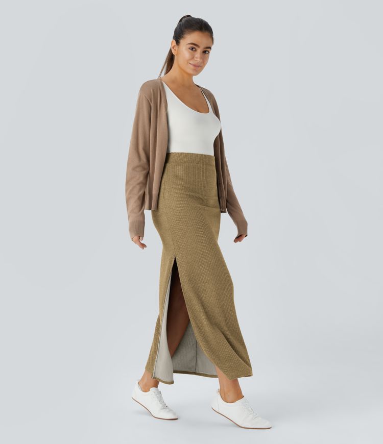 Ribbed High Waisted Hem A Line Maxi Fleece Casual Skirt
