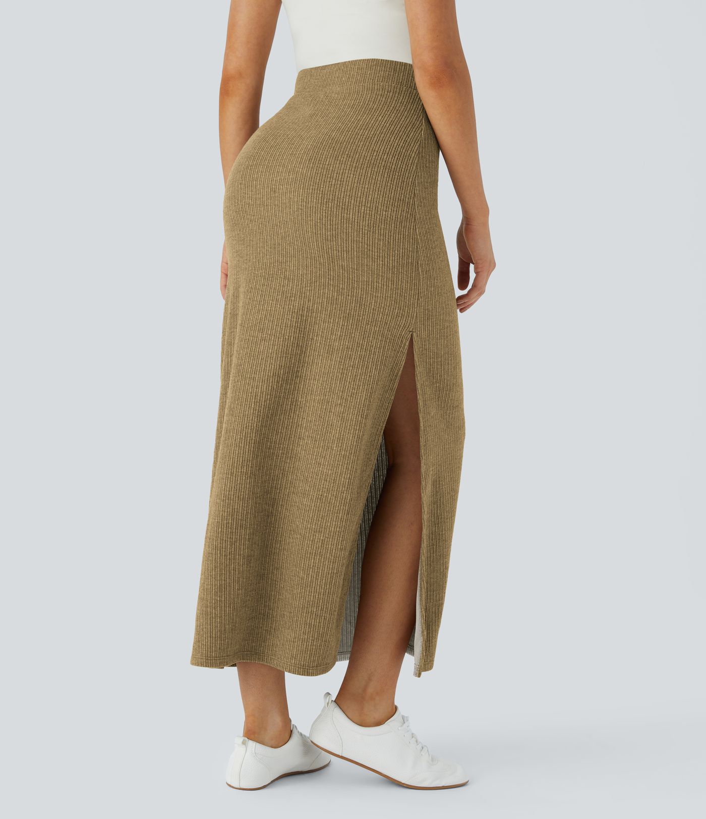 Ribbed High Waisted Hem A Line Maxi Fleece Casual Skirt