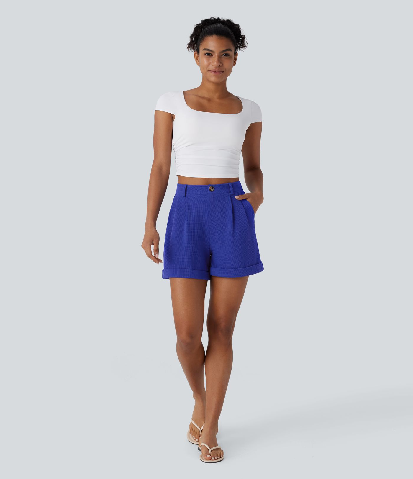 High Waisted Zipper Pocket Waffle Casual Shorts