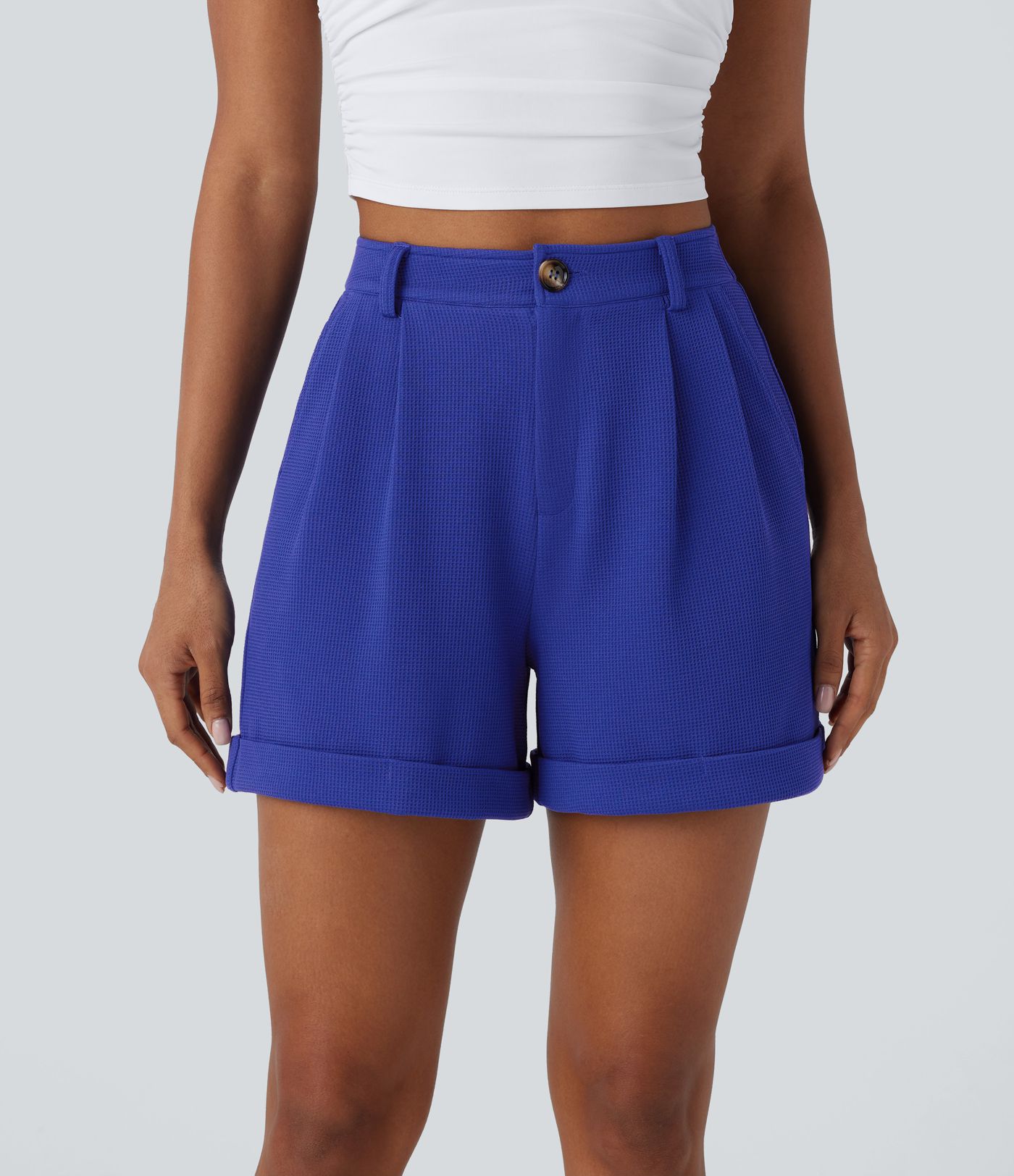High Waisted Zipper Pocket Waffle Casual Shorts