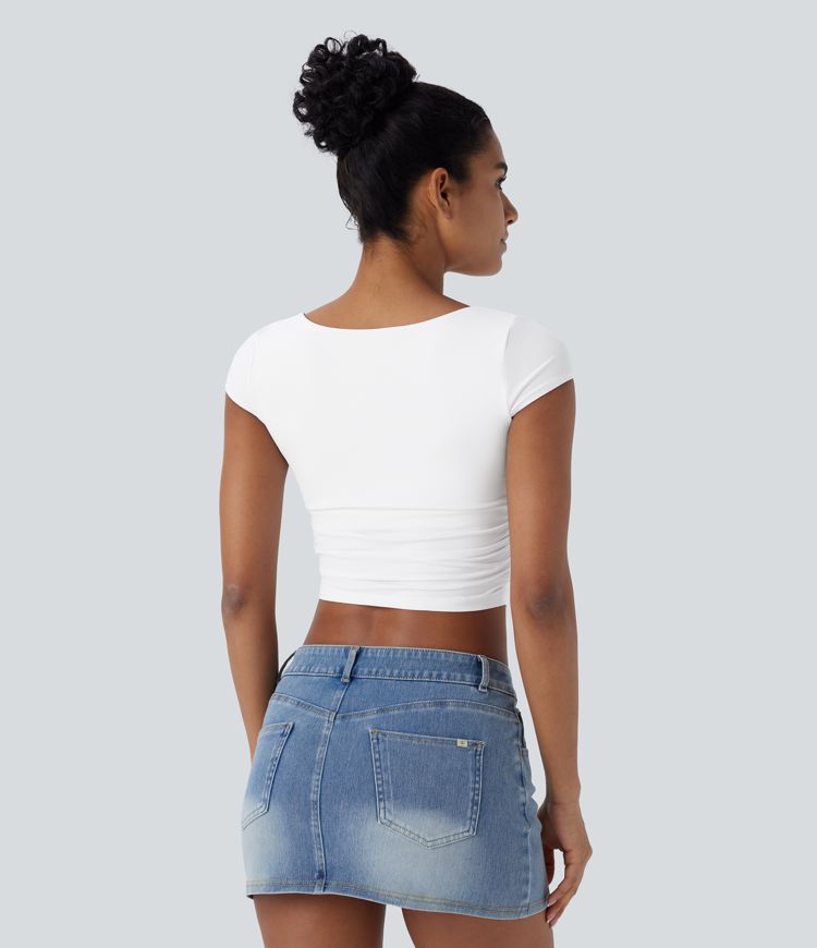 Square Neck Cap Sleeve Ruched Skinny Cropped Casual Baby Tee