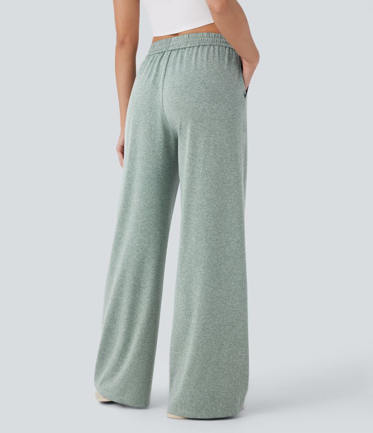 High Waisted Drawstring Side Pocket Wide Leg Casual Pants