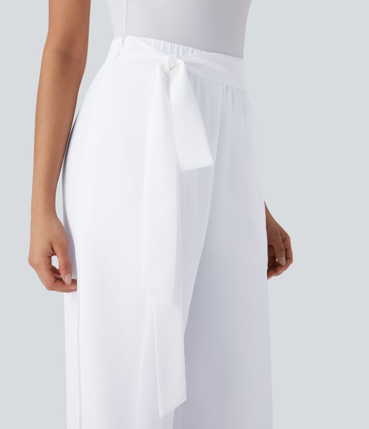 Breezeful™ High Waisted Tie Front Invisible Zipper Side Pocket Straight Leg Sheer Chiffon Flowy Quick Dry Work Trousers