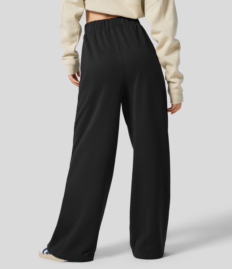 High waist pleated side pocket wide leg fleece casual cotton pants